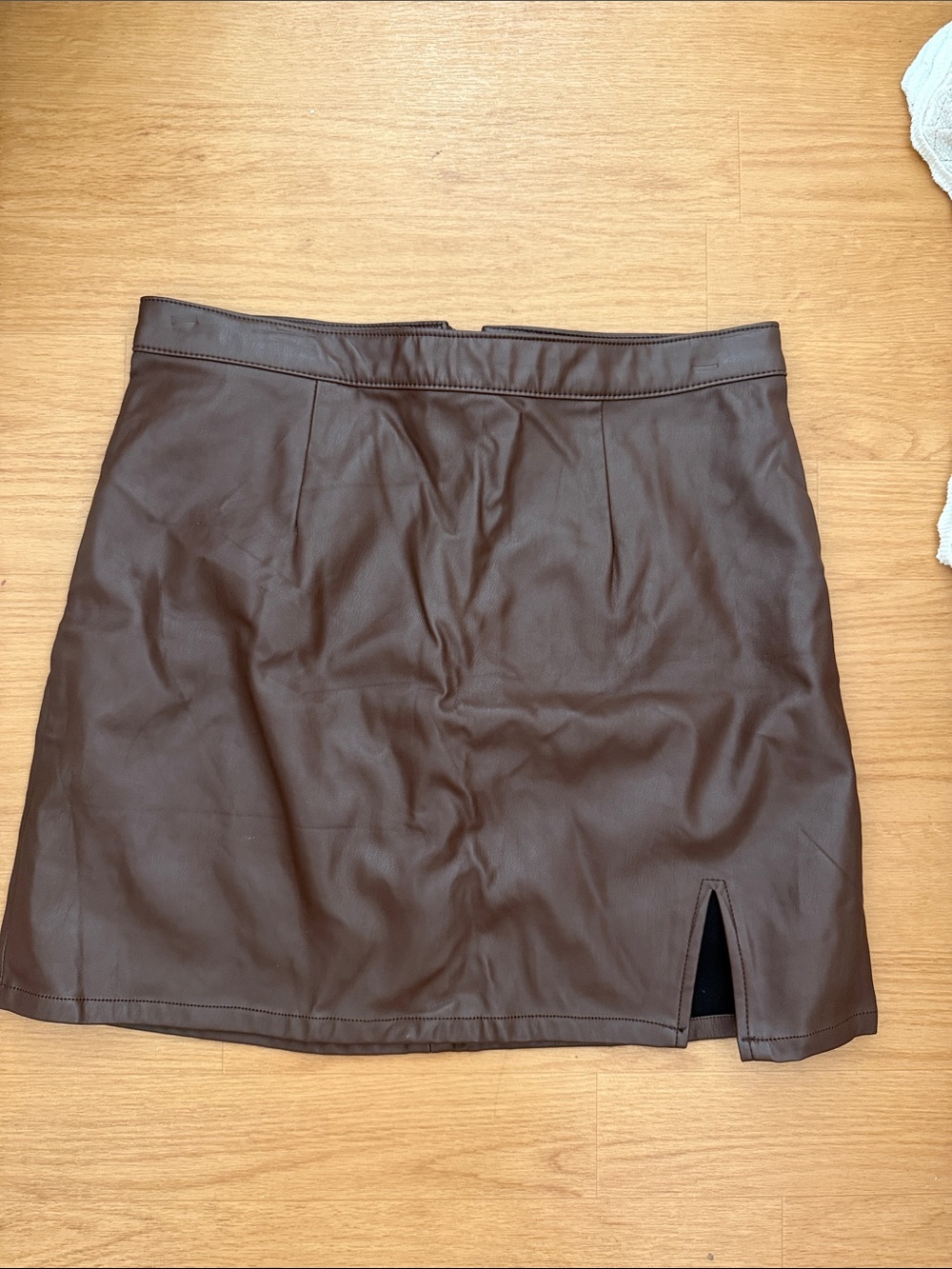 Faux Leather Mini Skirt in Dark Brown with Front Slit